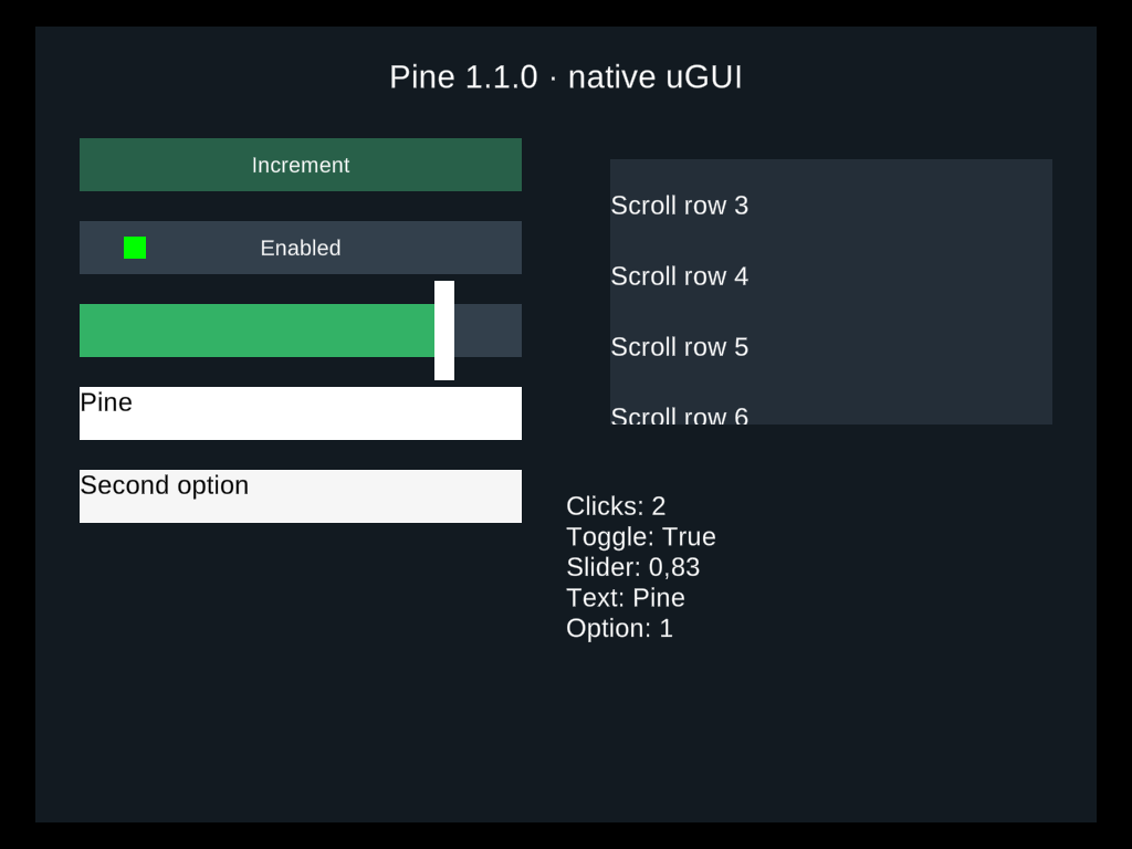 Pine 1.1.0 native controls rendered in Unity 6000.3.25f1