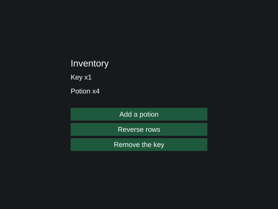 A Pine inventory rendered in Unity with Key x1 above Potion x4 and buttons for updating, reversing, and removing items.