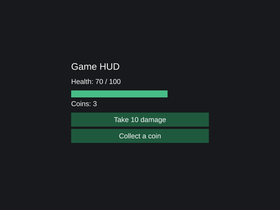 A Pine HUD rendered in Unity with health at 70 of 100, a green health bar, three coins, and damage and collect buttons.