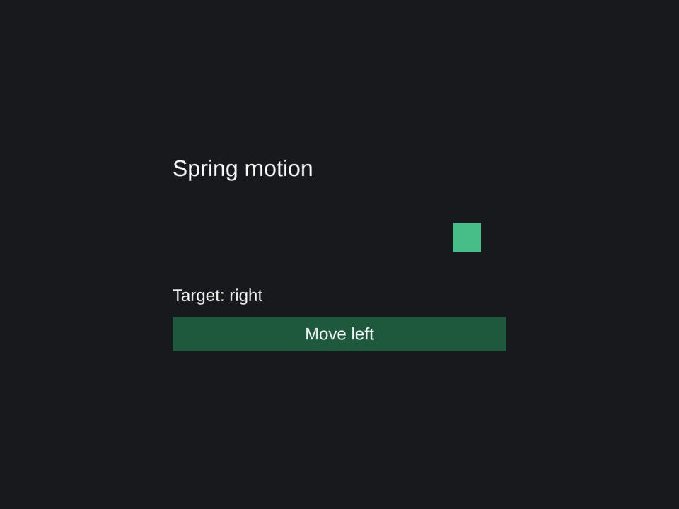 A Pine spring animation example rendered in Unity with a green marker at the right target and a Move left button.
